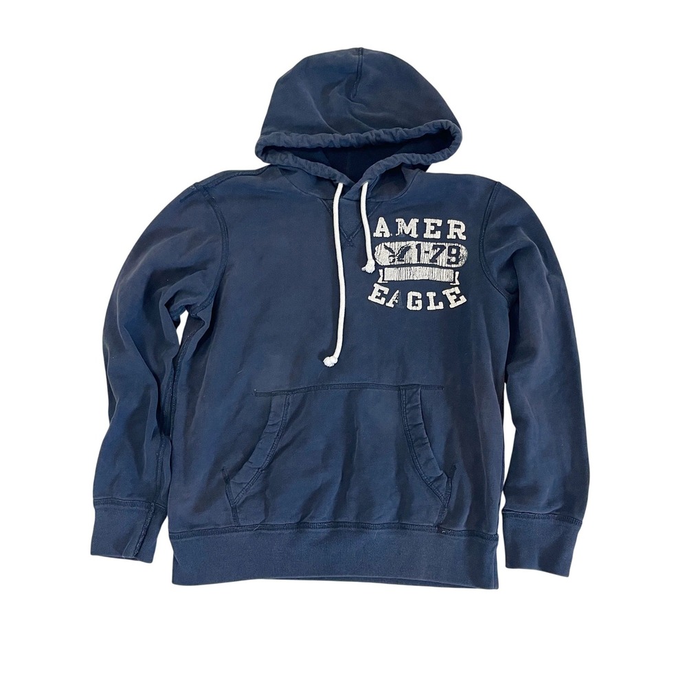 Vintage American Eagle Mens Navy Blue Pullover Hoodie Distressed Graphic MEDIUM
